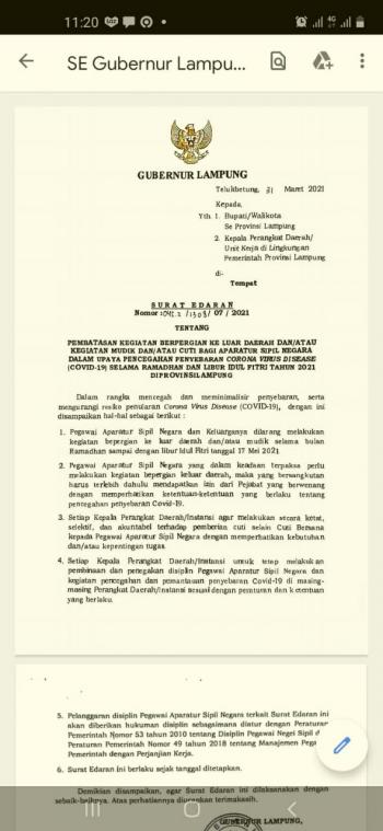 Pemerintah Provinsi Lampung Terbitkan Surat Edaran Larang ASN Mudik